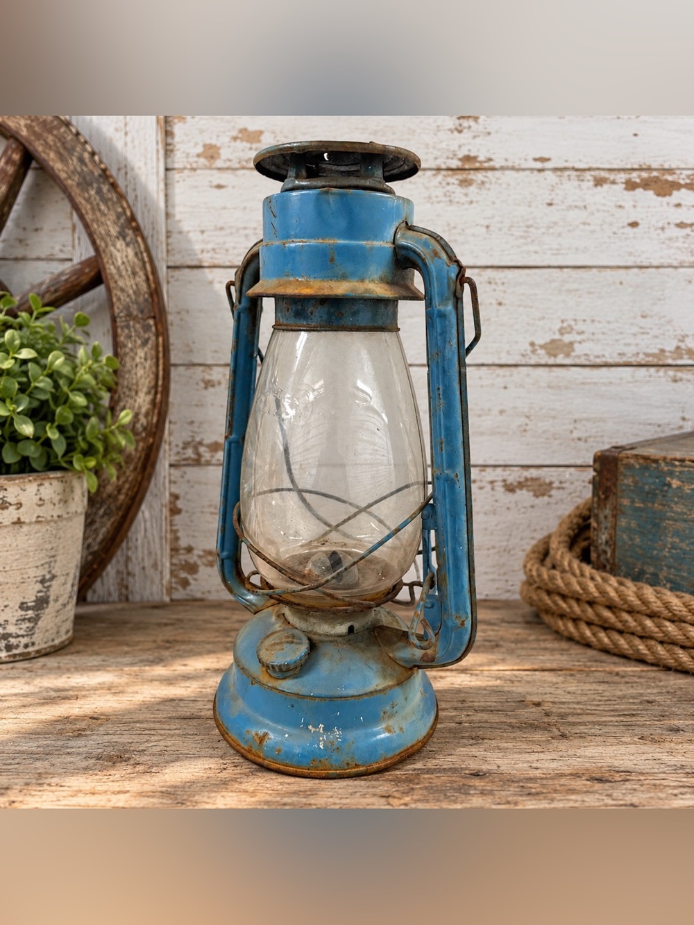Vintage Mid-Century Winged Wheel No 500 Blue Hurricane Lantern Made in Japan 12"